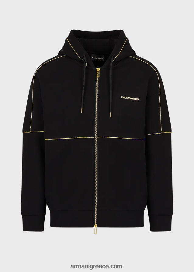 άνδρες Armani Φούτερ με φερμουάρ διπλής φανέλας με κουκούλα με χρυσές λεπτομέρειες και λογότυπο 4046R61581 μαύρος