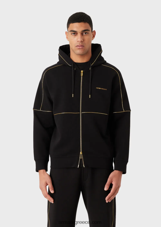 άνδρες Armani Φούτερ με φερμουάρ διπλής φανέλας με κουκούλα με χρυσές λεπτομέρειες και λογότυπο 4046R61581 μαύρος