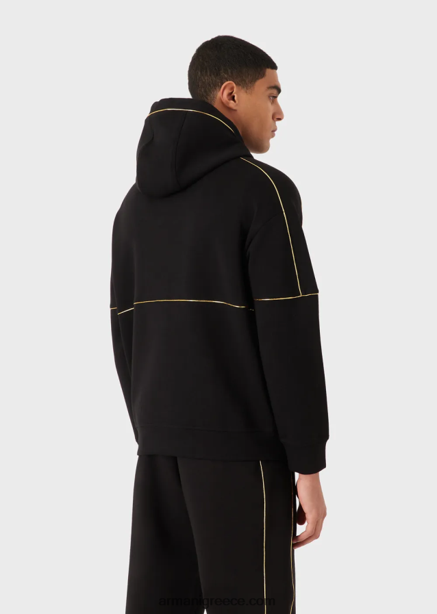 άνδρες Armani Φούτερ με φερμουάρ διπλής φανέλας με κουκούλα με χρυσές λεπτομέρειες και λογότυπο 4046R61581 μαύρος