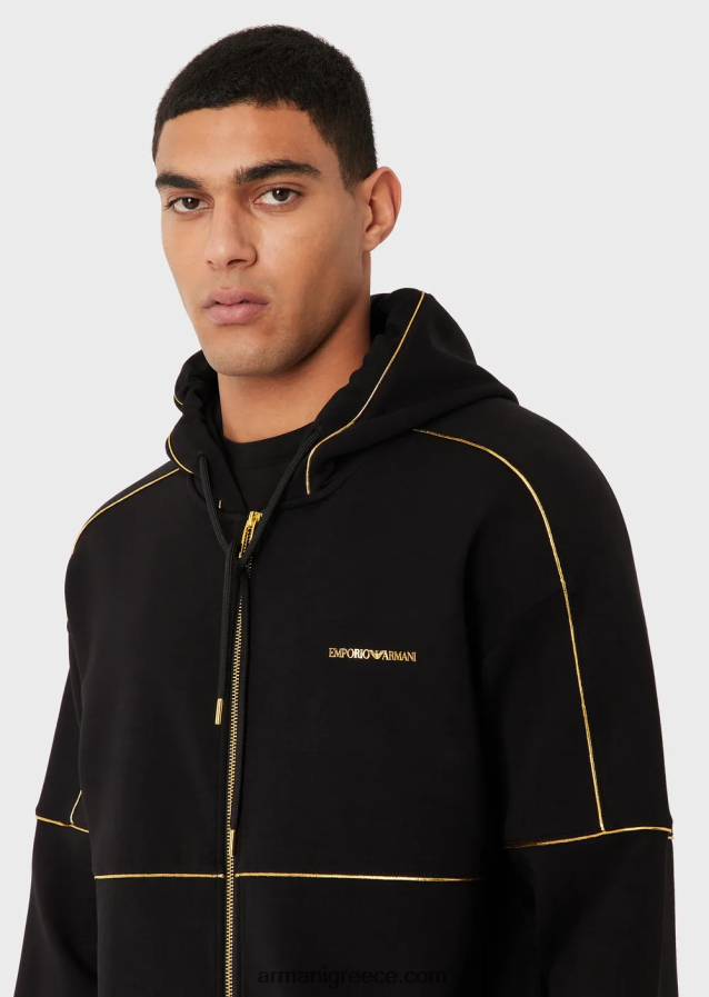 άνδρες Armani Φούτερ με φερμουάρ διπλής φανέλας με κουκούλα με χρυσές λεπτομέρειες και λογότυπο 4046R61581 μαύρος