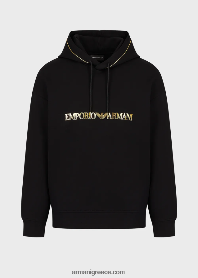 άνδρες Armani Φούτερ με κουκούλα διπλής φανέλας με χρυσές λεπτομέρειες και λογότυπο 4046R61582 μαύρος
