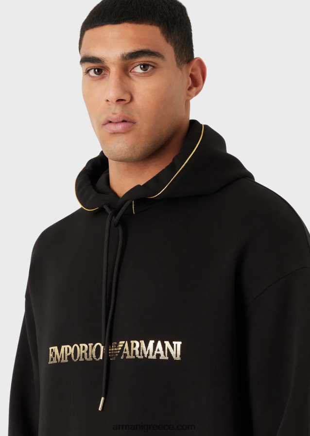 άνδρες Armani Φούτερ με κουκούλα διπλής φανέλας με χρυσές λεπτομέρειες και λογότυπο 4046R61582 μαύρος