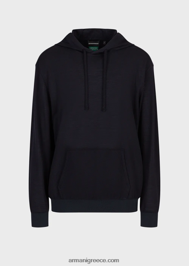 άνδρες Armani μπλούζα με κουκούλα σε πικέ από μαλλί από ευκάλυπτο 4046R61589 ναυτικό μπλε