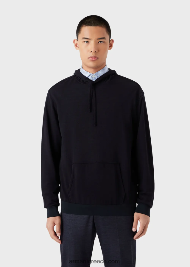 άνδρες Armani μπλούζα με κουκούλα σε πικέ από μαλλί από ευκάλυπτο 4046R61589 ναυτικό μπλε