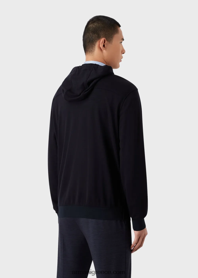 άνδρες Armani μπλούζα με κουκούλα σε πικέ από μαλλί από ευκάλυπτο 4046R61589 ναυτικό μπλε