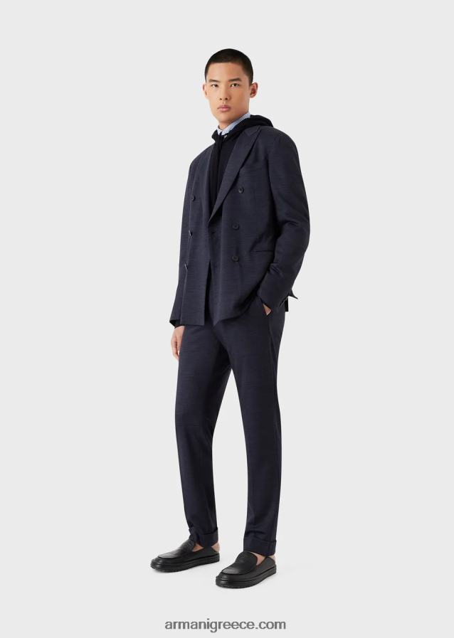 άνδρες Armani μπλούζα με κουκούλα σε πικέ από μαλλί από ευκάλυπτο 4046R61589 ναυτικό μπλε