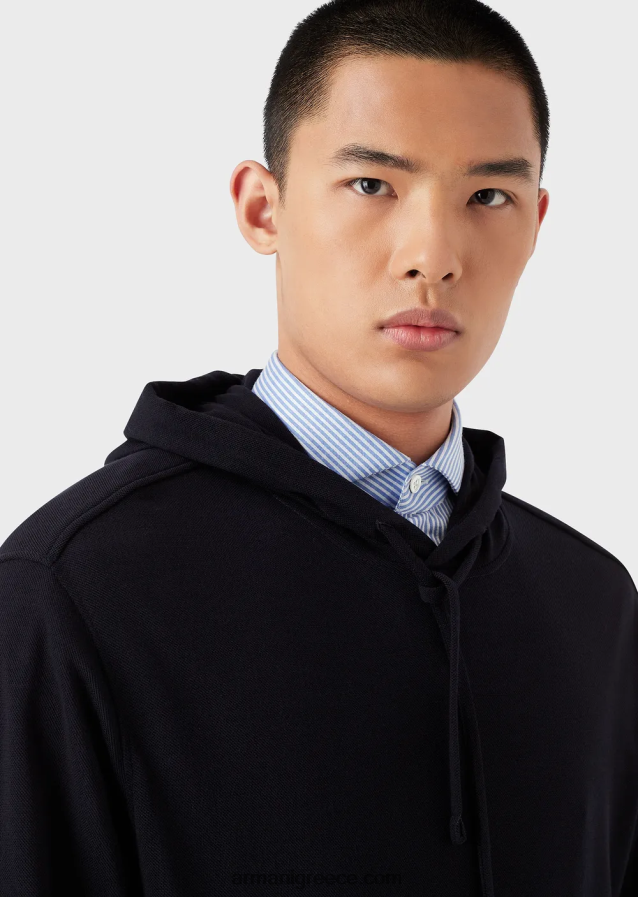 άνδρες Armani μπλούζα με κουκούλα σε πικέ από μαλλί από ευκάλυπτο 4046R61589 ναυτικό μπλε