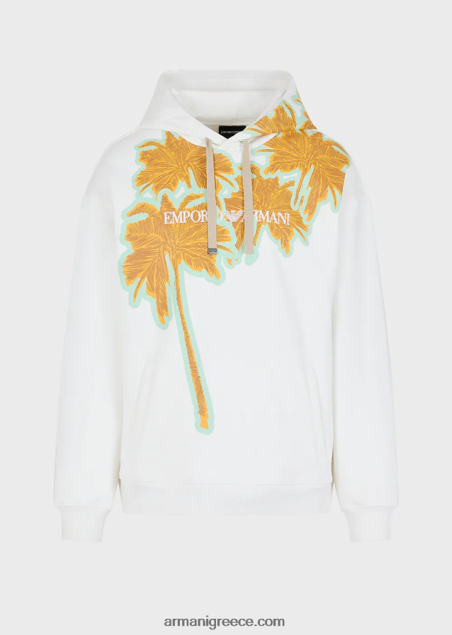 άνδρες Armani Φούτερ με κουκούλα από απαλό βαμβάκι με στάμπα από φοίνικα και λογότυπο 4046R61591 άσπρο