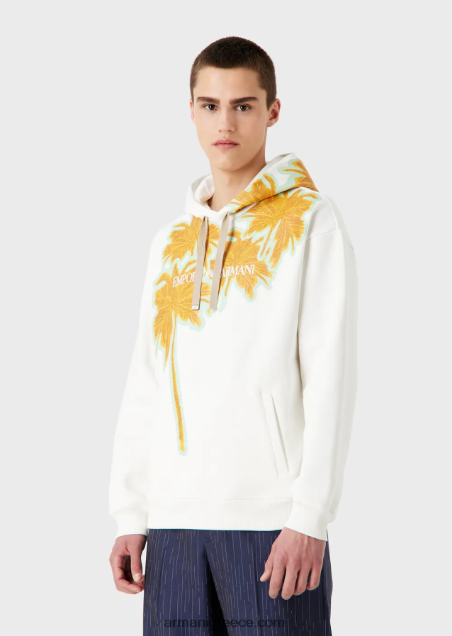 άνδρες Armani Φούτερ με κουκούλα από απαλό βαμβάκι με στάμπα από φοίνικα και λογότυπο 4046R61591 άσπρο