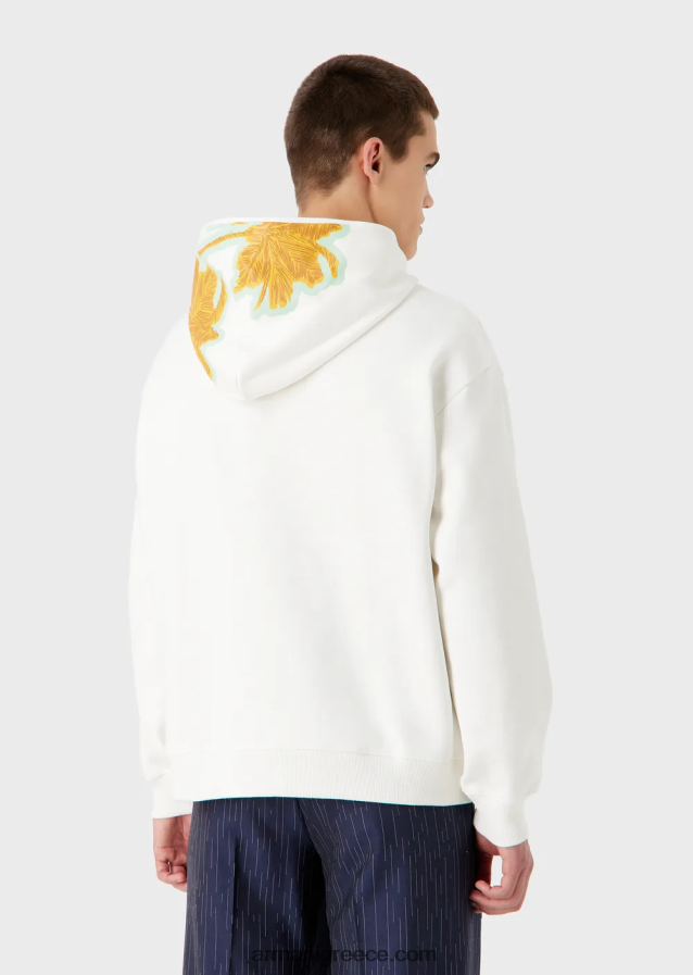 άνδρες Armani Φούτερ με κουκούλα από απαλό βαμβάκι με στάμπα από φοίνικα και λογότυπο 4046R61591 άσπρο