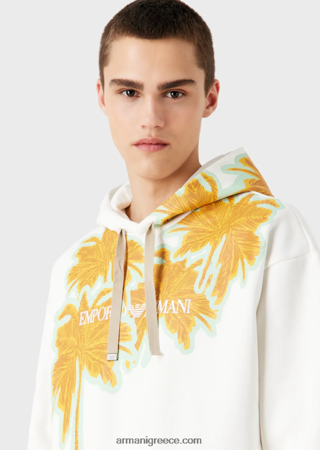 άνδρες Armani Φούτερ με κουκούλα από απαλό βαμβάκι με στάμπα από φοίνικα και λογότυπο 4046R61591 άσπρο