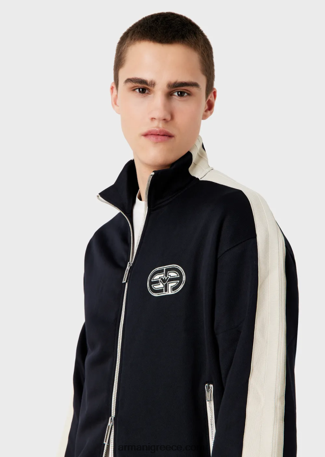 άνδρες Armani Φούτερ με φερμουάρ σε ζέρσεϊ με ρίγες και ea patch 4046R61376 ναυτικό μπλε