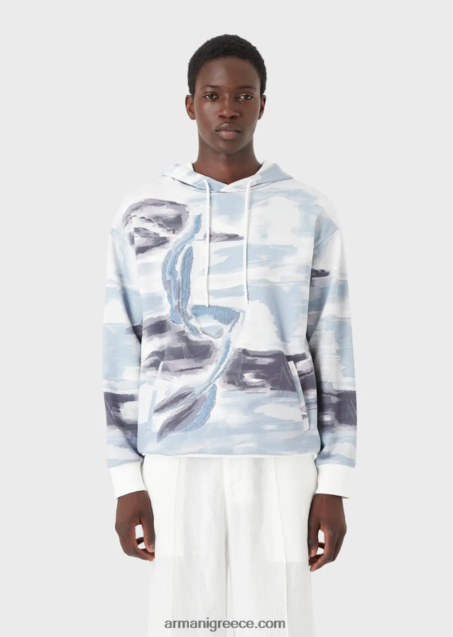 άνδρες Armani Φούτερ με κουκούλα με στάμπα ακουαρέλας και merman κέντημα 4046R61592 πρότυπο