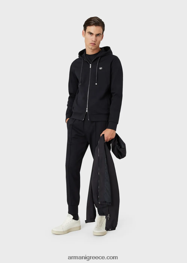 άνδρες Armani φούτερ με κουκούλα, με φερμουάρ, φούτερ ponte-di-roma 4046R61442 ναυτικό μπλε