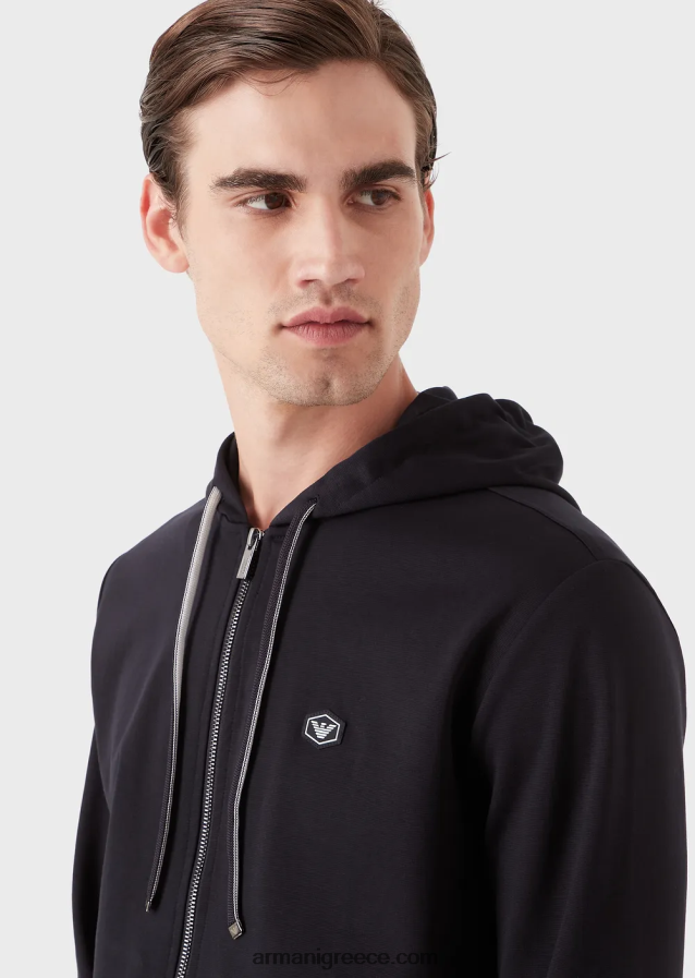 άνδρες Armani φούτερ με κουκούλα, με φερμουάρ, φούτερ ponte-di-roma 4046R61442 ναυτικό μπλε