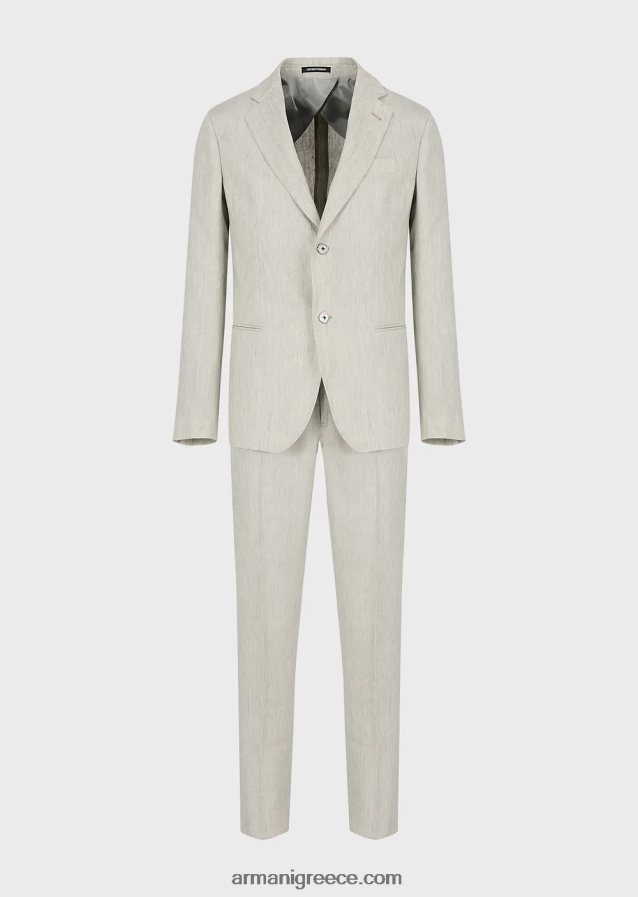 άνδρες Armani Μοντέρνο κοστούμι μονόπλευρο από ξεθωριασμένο λινό ανθεκτικό στις τσακίσεις 4046R61460 ανοιχτό γκρι