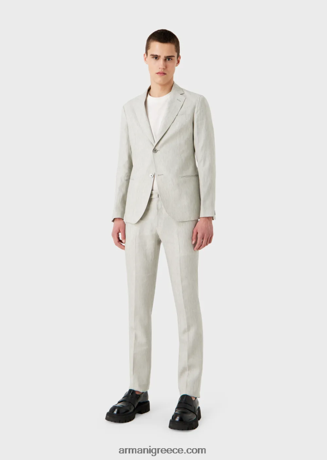 άνδρες Armani Μοντέρνο κοστούμι μονόπλευρο από ξεθωριασμένο λινό ανθεκτικό στις τσακίσεις 4046R61460 ανοιχτό γκρι