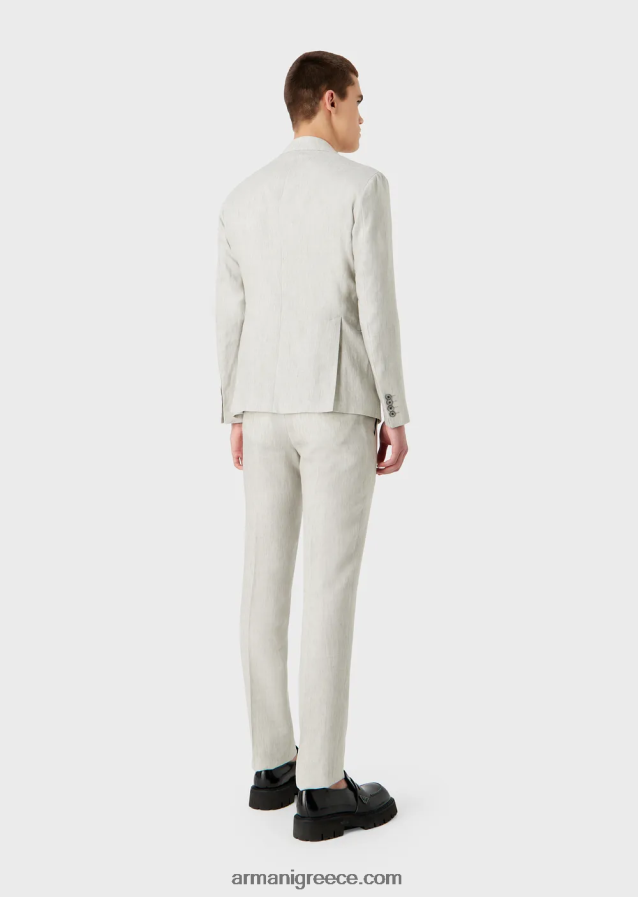 άνδρες Armani Μοντέρνο κοστούμι μονόπλευρο από ξεθωριασμένο λινό ανθεκτικό στις τσακίσεις 4046R61460 ανοιχτό γκρι