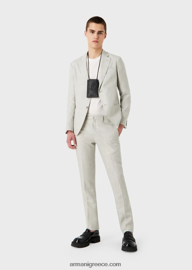 άνδρες Armani Μοντέρνο κοστούμι μονόπλευρο από ξεθωριασμένο λινό ανθεκτικό στις τσακίσεις 4046R61460 ανοιχτό γκρι