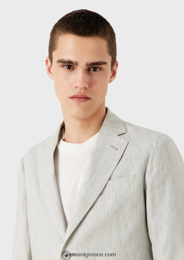 άνδρες Armani Μοντέρνο κοστούμι μονόπλευρο από ξεθωριασμένο λινό ανθεκτικό στις τσακίσεις 4046R61460 ανοιχτό γκρι