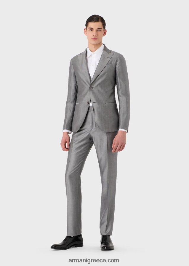 άνδρες Armani Μοντέρνα μονόπλευρη φόρμα σε μείγμα μαλλί ευκαλύπτου με μικρομοτίβα 4046R61461 γκρί