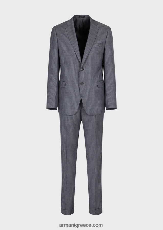 άνδρες Armani μονόστητο κοστούμι με λεπτή εφαρμογή από ριγέ, πολύχρωμο ανοιχτό μαλλί 4046R61462 avio