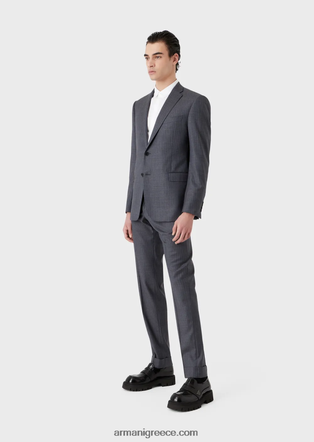 άνδρες Armani μονόστητο κοστούμι με λεπτή εφαρμογή από ριγέ, πολύχρωμο ανοιχτό μαλλί 4046R61462 avio