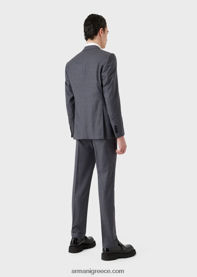 άνδρες Armani μονόστητο κοστούμι με λεπτή εφαρμογή από ριγέ, πολύχρωμο ανοιχτό μαλλί 4046R61462 avio