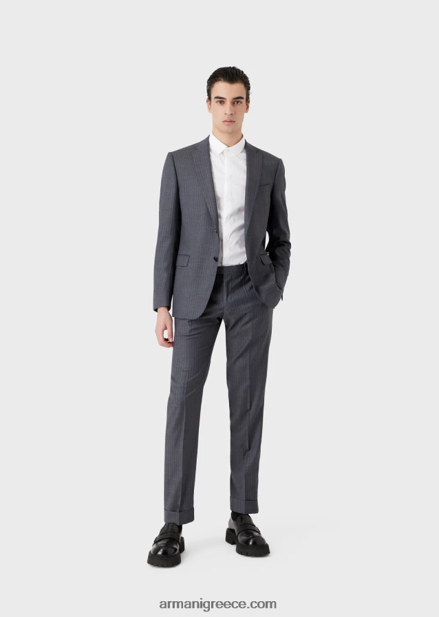 άνδρες Armani μονόστητο κοστούμι με λεπτή εφαρμογή από ριγέ, πολύχρωμο ανοιχτό μαλλί 4046R61462 avio