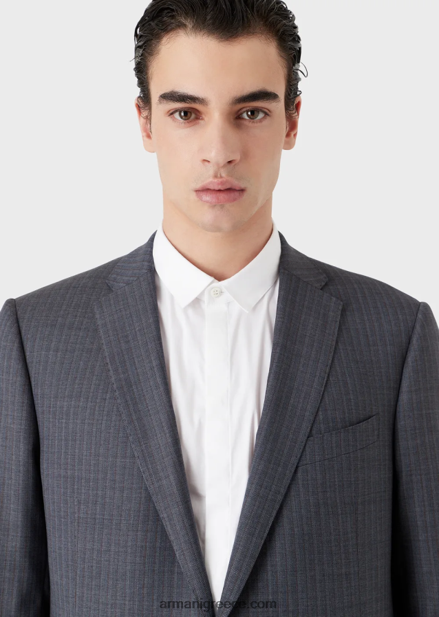 άνδρες Armani μονόστητο κοστούμι με λεπτή εφαρμογή από ριγέ, πολύχρωμο ανοιχτό μαλλί 4046R61462 avio