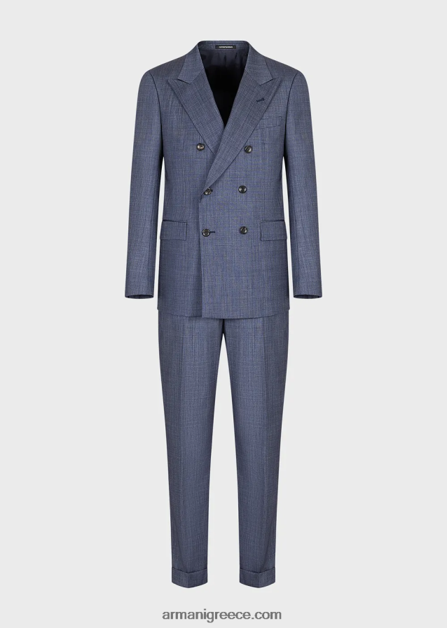 άνδρες Armani κοστούμι με διπλό στήθος σε λεπτή εφαρμογή σε εξαιρετικά ελαφρύ μαλλί και μετάξι με εφέ τζιν 4046R61463 μπλε