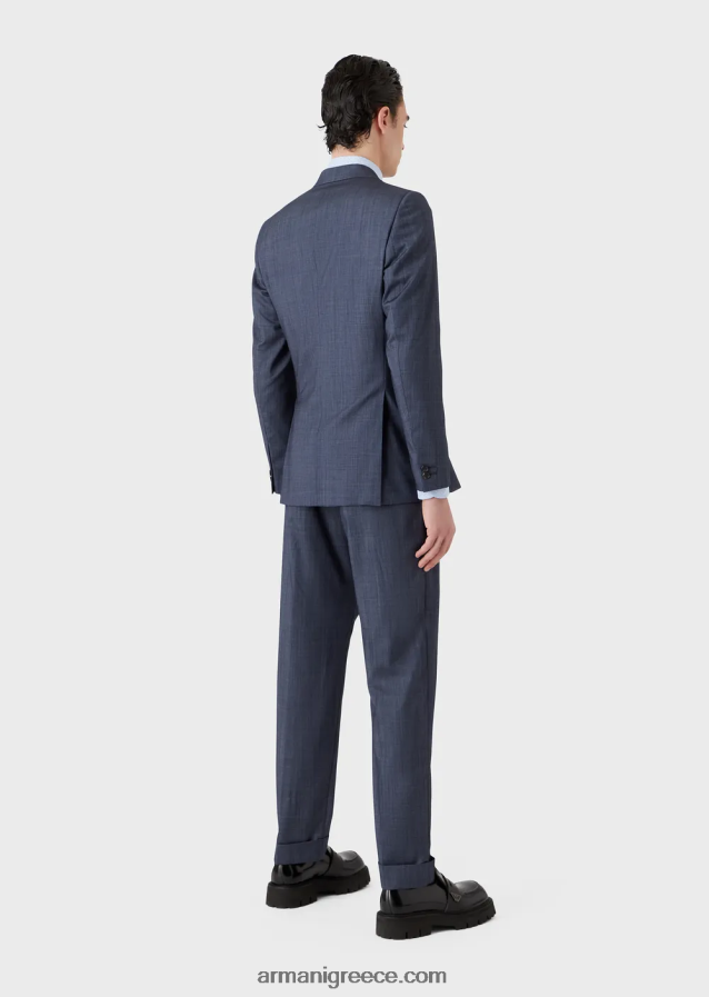 άνδρες Armani κοστούμι με διπλό στήθος σε λεπτή εφαρμογή σε εξαιρετικά ελαφρύ μαλλί και μετάξι με εφέ τζιν 4046R61463 μπλε