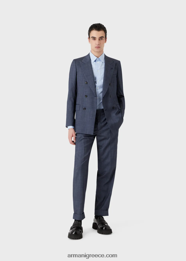 άνδρες Armani κοστούμι με διπλό στήθος σε λεπτή εφαρμογή σε εξαιρετικά ελαφρύ μαλλί και μετάξι με εφέ τζιν 4046R61463 μπλε