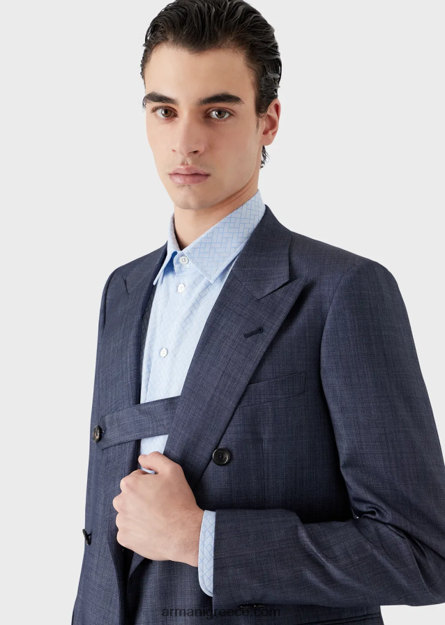 άνδρες Armani κοστούμι με διπλό στήθος σε λεπτή εφαρμογή σε εξαιρετικά ελαφρύ μαλλί και μετάξι με εφέ τζιν 4046R61463 μπλε