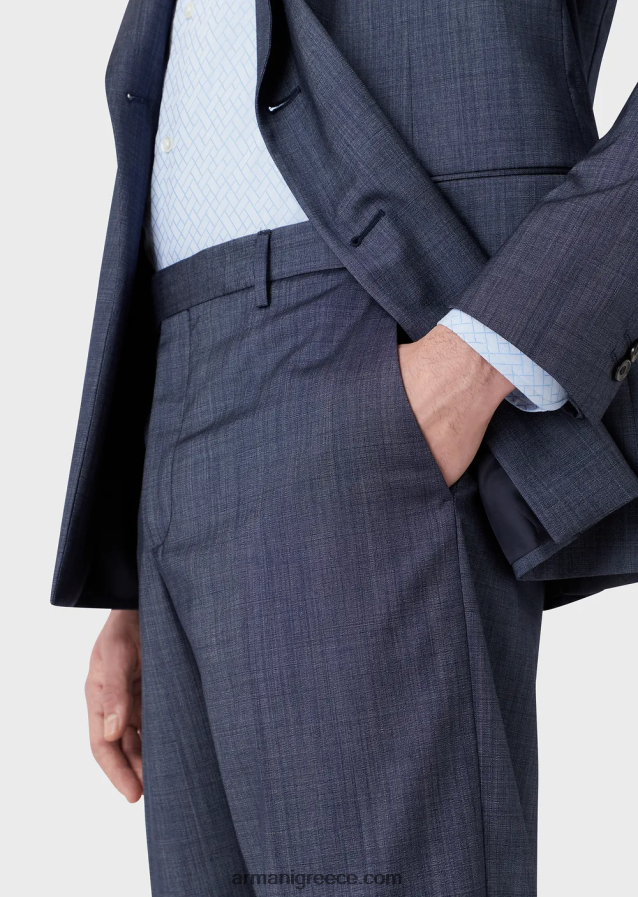 άνδρες Armani κοστούμι με διπλό στήθος σε λεπτή εφαρμογή σε εξαιρετικά ελαφρύ μαλλί και μετάξι με εφέ τζιν 4046R61463 μπλε