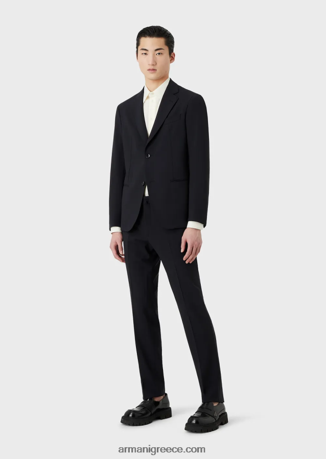 άνδρες Armani Μοντέρνα, μονόπλευρη στολή σε συμπαγή ελαστικό καμβά διπλής κατεύθυνσης 4046R61468 ναυτικό μπλε