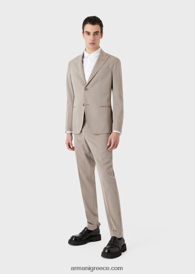 άνδρες Armani Μοντέρνα μονόπλευρη φόρμα σε εξαιρετικά ελαφρύ ύφασμα solaro από παρθένο μαλλί 4046R61465 μπεζ
