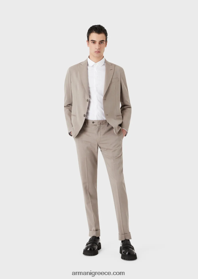 άνδρες Armani Μοντέρνα μονόπλευρη φόρμα σε εξαιρετικά ελαφρύ ύφασμα solaro από παρθένο μαλλί 4046R61465 μπεζ