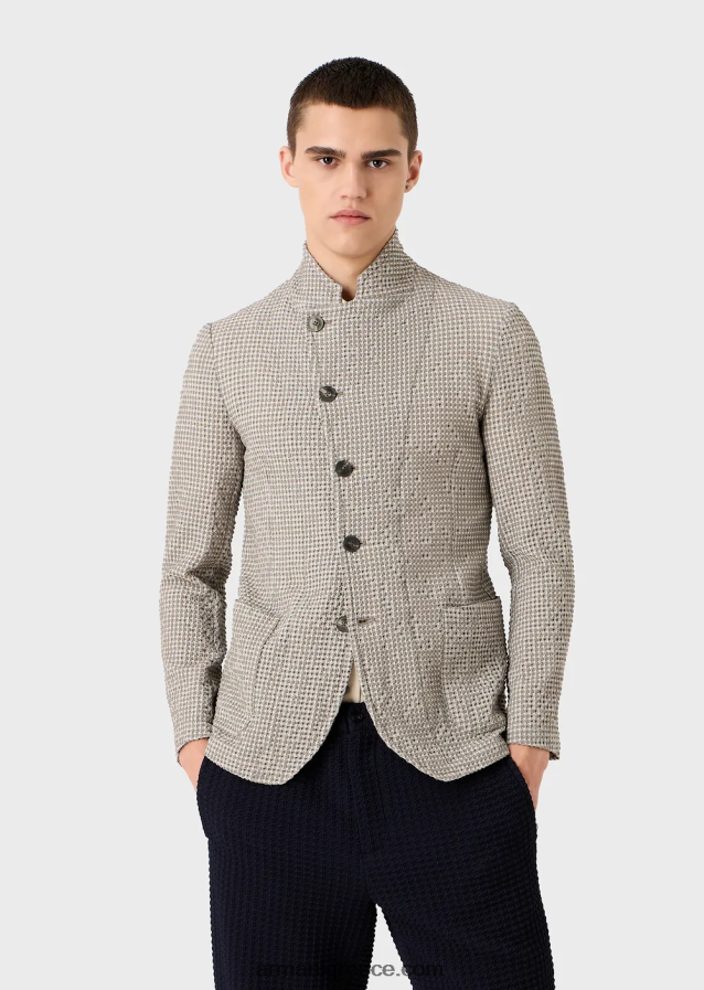 άνδρες Armani 3d-effect stretch houndstooth παρθένο-μάλλινο μπουφάν με γιακά γκουρού 4046R61032 καφέ
