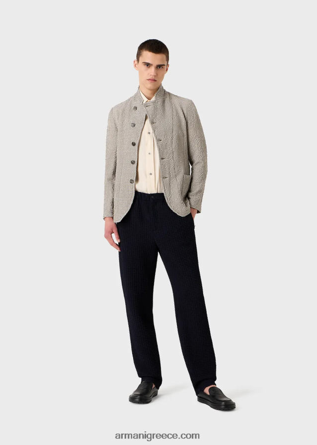 άνδρες Armani 3d-effect stretch houndstooth παρθένο-μάλλινο μπουφάν με γιακά γκουρού 4046R61032 καφέ