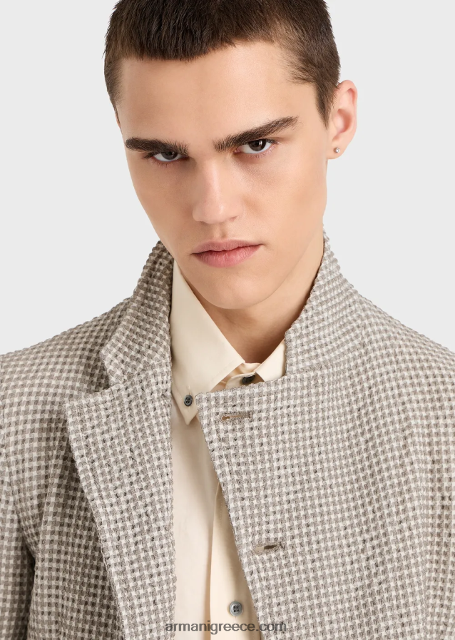 άνδρες Armani 3d-effect stretch houndstooth παρθένο-μάλλινο μπουφάν με γιακά γκουρού 4046R61032 καφέ