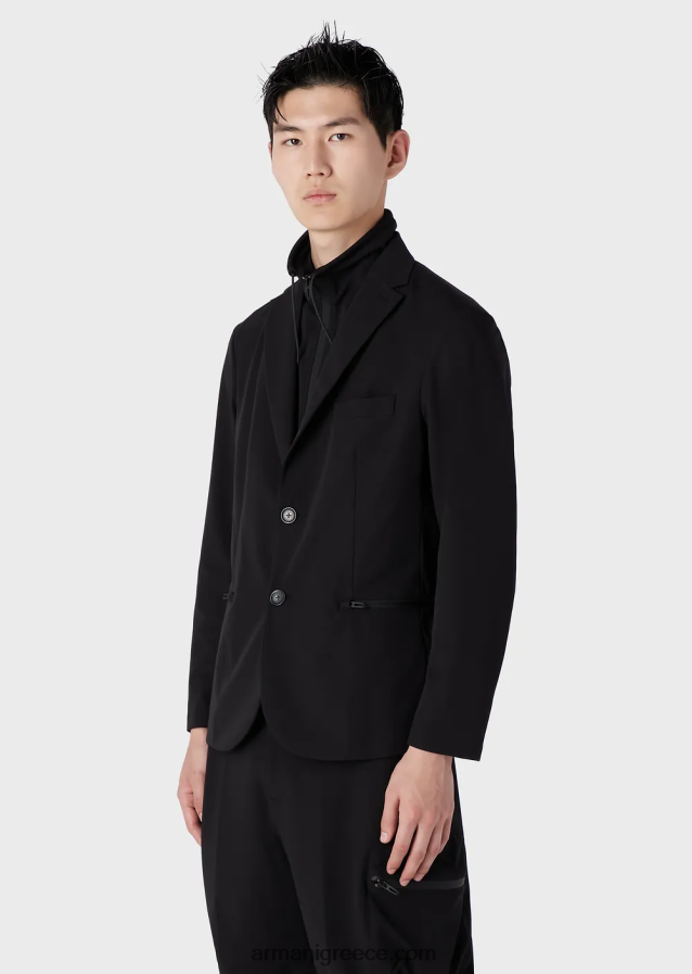 άνδρες Armani Απαραίτητα είδη ταξιδιού, αδιάβροχο, αμφίδρομο τέντωμα τεχνικό-νάιλον μπλέιζερ με αποσπώμενο εσωτερικό πάνελ 4046R61015 μαύρος