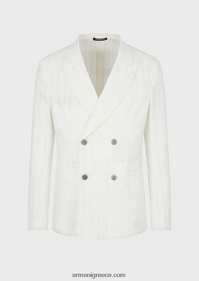 άνδρες Armani σακάκι διπλό με πέτα από διάτρητο λινό με ρίγες 4046R61028 άσπρο