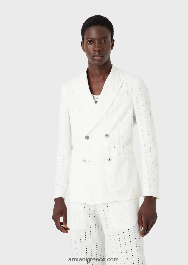 άνδρες Armani σακάκι διπλό με πέτα από διάτρητο λινό με ρίγες 4046R61028 άσπρο