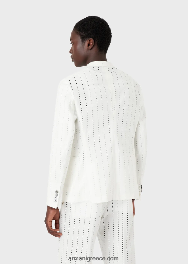άνδρες Armani σακάκι διπλό με πέτα από διάτρητο λινό με ρίγες 4046R61028 άσπρο