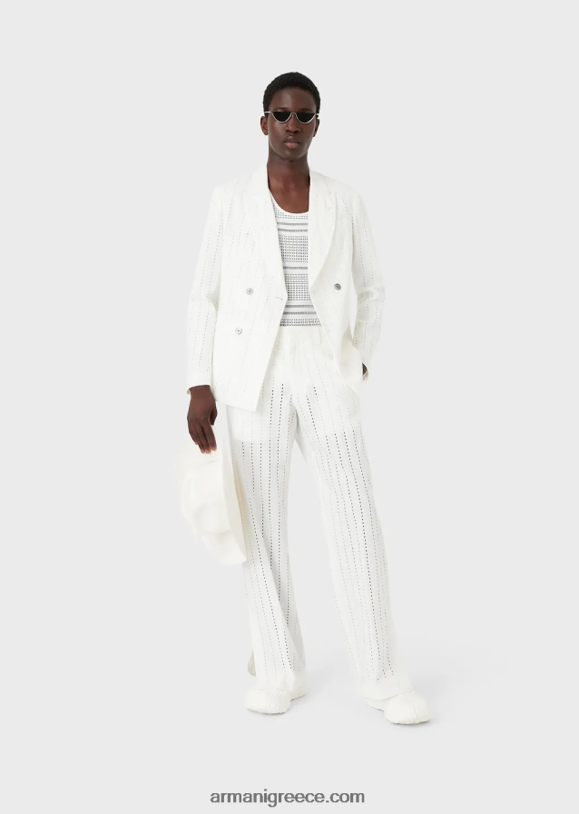 άνδρες Armani σακάκι διπλό με πέτα από διάτρητο λινό με ρίγες 4046R61028 άσπρο