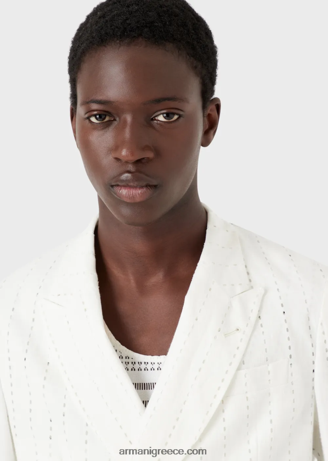 άνδρες Armani σακάκι διπλό με πέτα από διάτρητο λινό με ρίγες 4046R61028 άσπρο