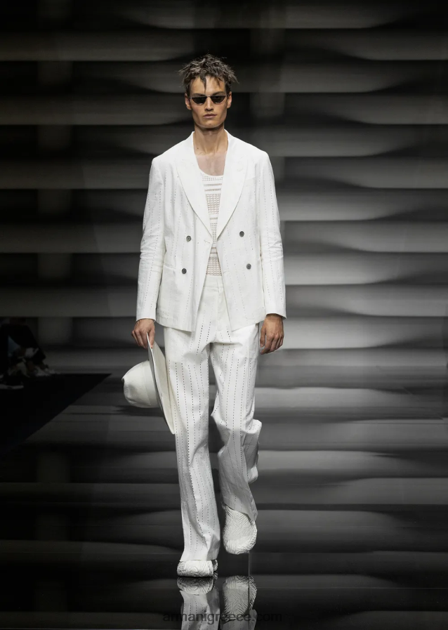 άνδρες Armani σακάκι διπλό με πέτα από διάτρητο λινό με ρίγες 4046R61028 άσπρο