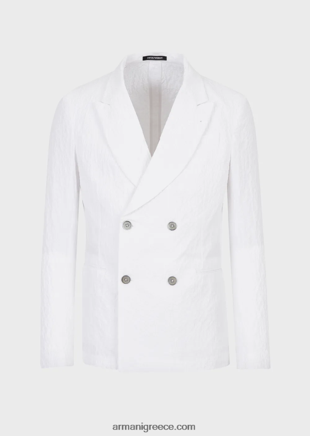 άνδρες Armani σακάκι με διπλό στήθος με ρεβέρ από βαμβακερό λουράκι 4046R61029 άσπρο
