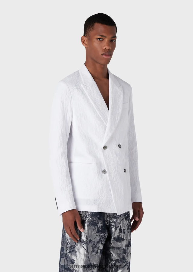 άνδρες Armani σακάκι με διπλό στήθος με ρεβέρ από βαμβακερό λουράκι 4046R61029 άσπρο